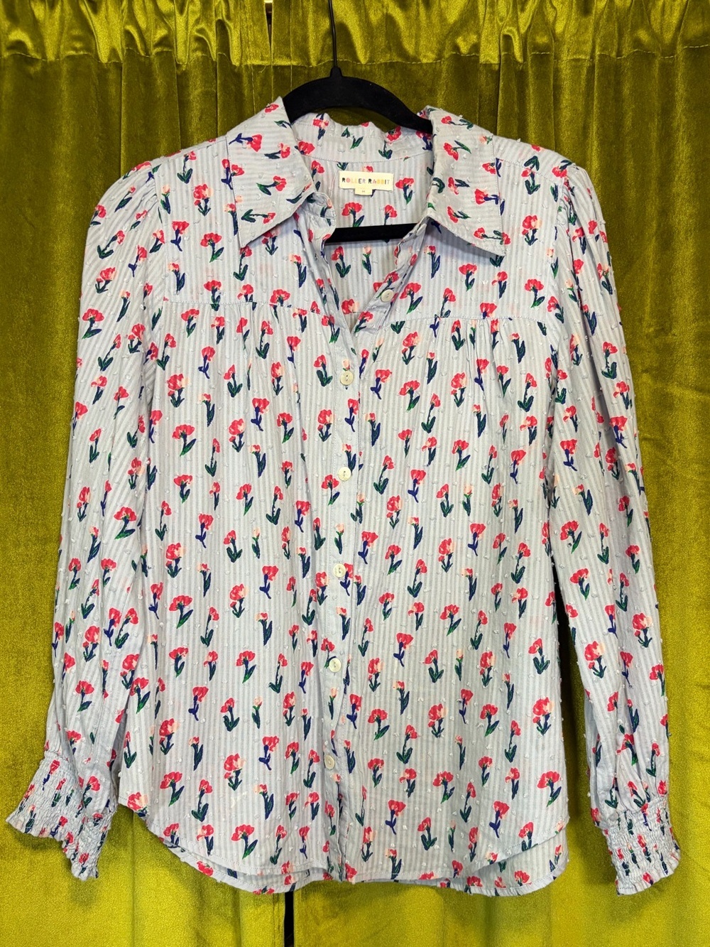 Roller Rabbit Blue Cotton Button Down Tulip Floral Print Blouse Small $138
